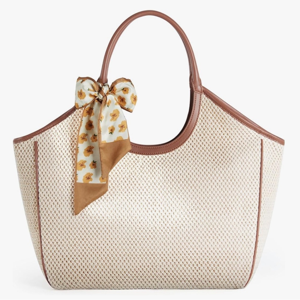 *New* (1 Left) Large Beach Straw Tote Raffia Woven Shoulder Bag - Brown/Beige